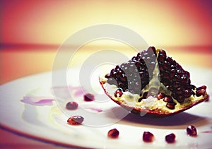 One piece of red pomegranate on white plate