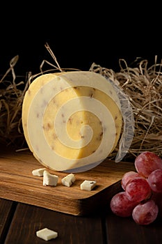 One piece of round yellow hard cheese with sunflower seeds