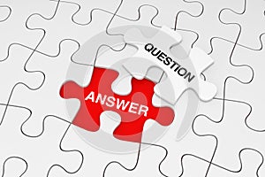 One Piece of White Jigsaw Puzzle over Plain of White Puzzle with Question and Answer Word. 3d Rendering