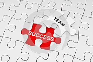 One Piece of White Jigsaw Puzzle over Plain of White Puzzle with Success and Team Words. 3d Rendering