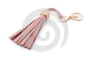 One pink leather keychain isolated on white