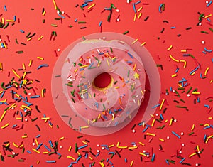 one pink round donut with colored sprinkles on a red background