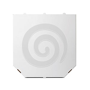 One plain blank white cardboard closed pizza box isolated white. Top view