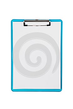 One plastic blue color clipboard with glossy metal binder with blank paper sheets isolated on white background. Top view