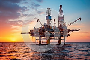 One platform Oil drilling derricks at sea oilfield. Crude oil production from the ground. Petroleum production. Sunset