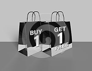 One plus One, Buy one get one free 3D rendered Black shopping bags text and numbers