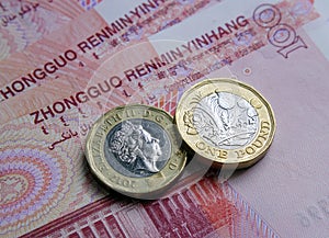 One pound coins placed on top of 100 Chinese yuan renminbi banknotes. Photographed with selective focus. Words in different langug