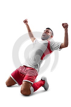 One professional football player with a ball in his hands. View from behind. Isolated on white background photo