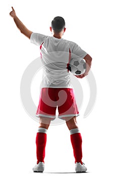 One professional football player with a ball in his hands. View from behind. Isolated on white background photo
