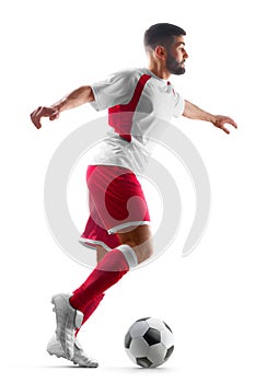 One professional static soccer player with a ball in his hands. View from the front. Football isolated on white background photo