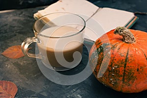 One pumpkin squash and a latte coffee made with with plant based oat soya or almond milk  with blank notepad notebook at the table