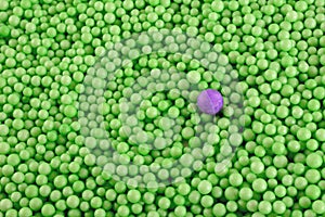 One purple ball among crowd of smaller green balls