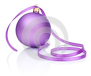 One purple Christmas Bauble and ribbon Isolated on white