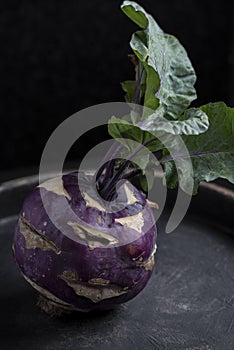 One purple kohlrabi on a black background Still life Dark food photography