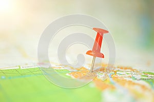 One pushpin on the city map, concept of navigation, location and destination, selective focus photo