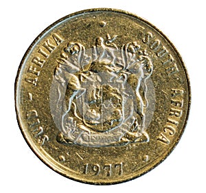 One rand coin isolated on white. South Africa. 1977