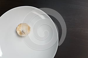 One raw champignon mushroom on a white plate on black table. Not enought food or oversaturation concept. Diet, nutrition