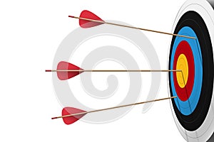 One red arrow hit on center archery board and two missing target in right composition with white background
