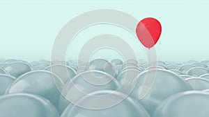 One red balloon is opposed by many other balloons. Bright blue light background. Ideal title text background. One
