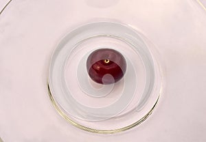 One red cherry in the center of the plate