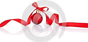 One Red Christmas ball with ribbon bow Isolated on white