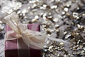One Red Christmas Gift, Present, Copy Space, Glitter, Ribbon