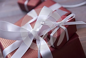 One Red Christmas Gift, Present, White Ribbon, Copy Space