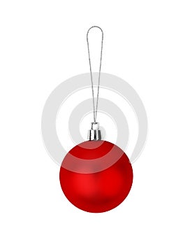 One red glass ball on white background isolated close up, ÃÂ¡hristmas tree decoration, single shiny round bauble, new year decor