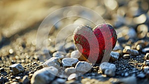 One red heart on a wooden-stone background. A realistic element that denotes love, health, care for yourself and