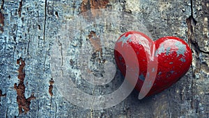 One red heart on a wooden-stone background. A realistic element that denotes love, health, care for yourself and