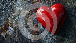 One red heart on a wooden-stone background. A realistic element that denotes love, health, care for yourself and