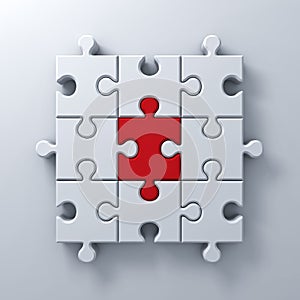 One red jigsaw puzzle piece stand out from the white crowd different concept on white wall background with shadow