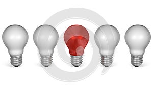 One red light bulb in row of white ones. Front view
