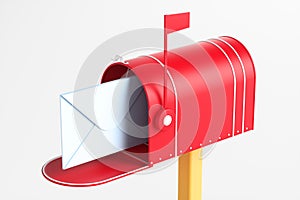 One red mailbox with an envelope inside on a white background