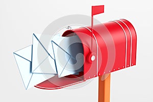 One red mailbox with an envelope inside on a white background