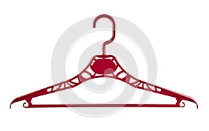 One red plastic hanger isolated on white background.