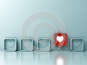 One red social media notification love like heart pin icon pop up from others on light green pastel color wall background