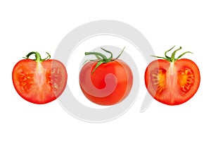 One red tomato with green leaves and two cut off tomatoes halves on white background isolated close up, whole and sliced tomatoes