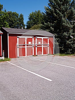 One red utility shed