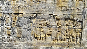 One of the reliefs on the wall of the Borobudur Buddhist temple, Indonesia