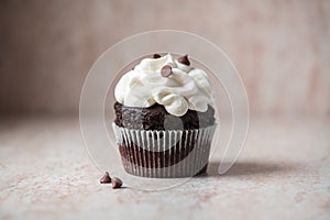 One rich chocolate cupcakes with whipped cream frosting and chocolate chips