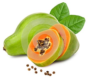Sliced ripe papaya fruit with green leaves isolated on white background. exotic fruit. clipping path