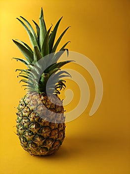 One ripe pineapple on yellow background isolated,on left ,organic