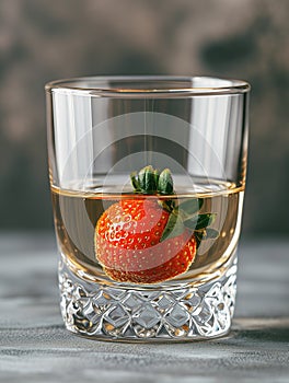 One ripe strawberry in a glass of fruity summer drink. Delicious dessert drink. Generative AI