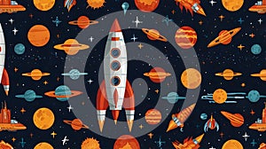 One Rocket Spaceship Cosmic Cosmos Space Planet Pattern