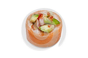 One roll with shrimps and avocado close-up. Studio shot on white background, isolated.