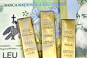 A one Romanian leu bill with three gold bars