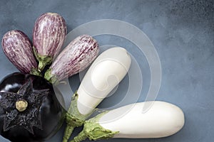 one round and five oval eggplant white and violet concept a variety of healthy food
