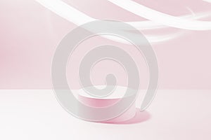 One round pink pedestal mockup for cosmetic products, smooth neon light stripes on pink background