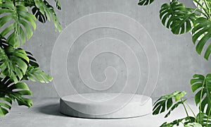 One round podium in grey loft color background with Monstera plant foreground. Abstract wallpaper template element and